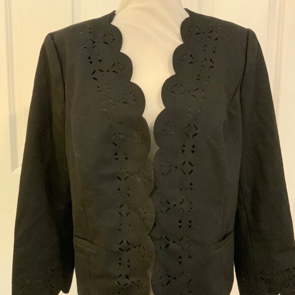 Banana Republic Black Open Front Scalloped Hem Laser Cut Blazer Size 12 - Picture 3 of 11
